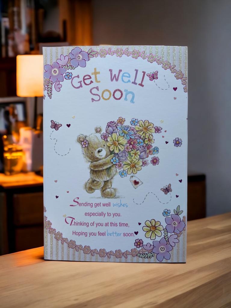 Get Well Soon Card Cute Teddy Bear in Bed Flowe - Folksy