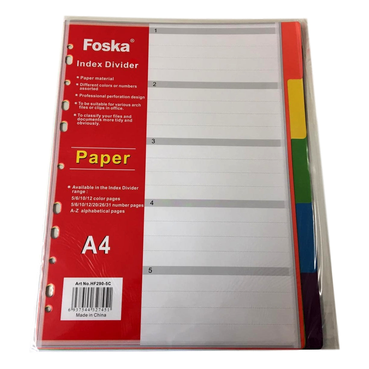 5 Part A4 Card Index Divider - Coloured Subject