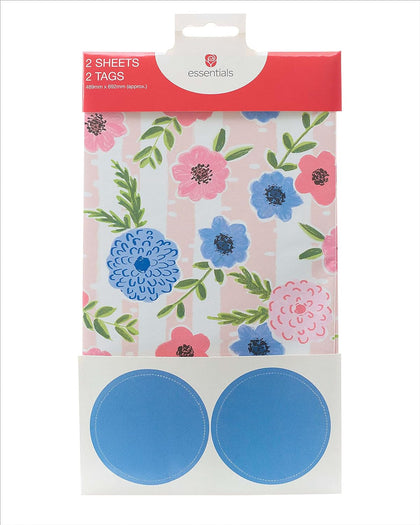 Pretty Artistic Floral Wrapping Paper Contains 2 Sheets & Tags 