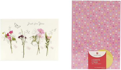 Floral Birthday Card with Envelope + Pink Polka Dot wrapping Paper 2 Sheets 2 Tags