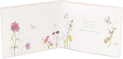 Floral Birthday Card with Envelope + Pink Polka Dot wrapping Paper 2 Sheets 2 Tags