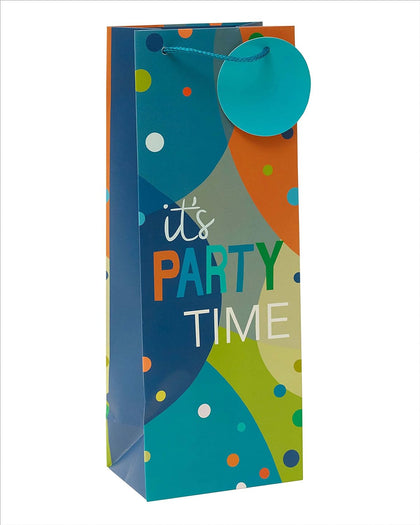 It's Party Time Blue Themed Bottle Gift Bag With Tag