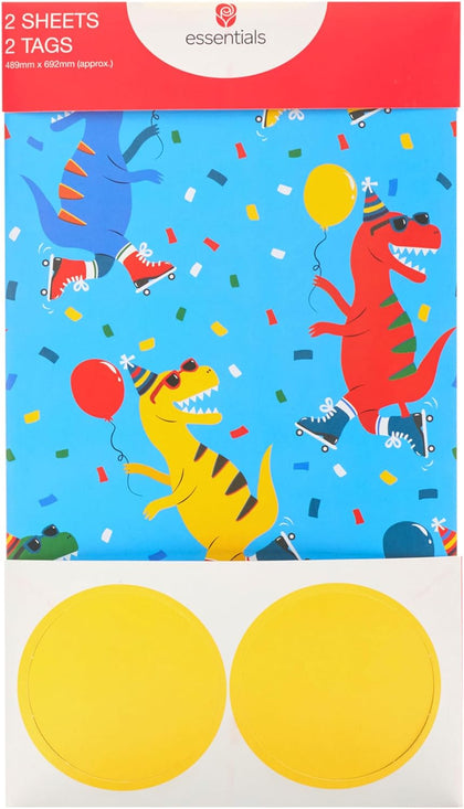 Dinosaur Design 2 Sheets of Wrapping Paper & 2 Tags