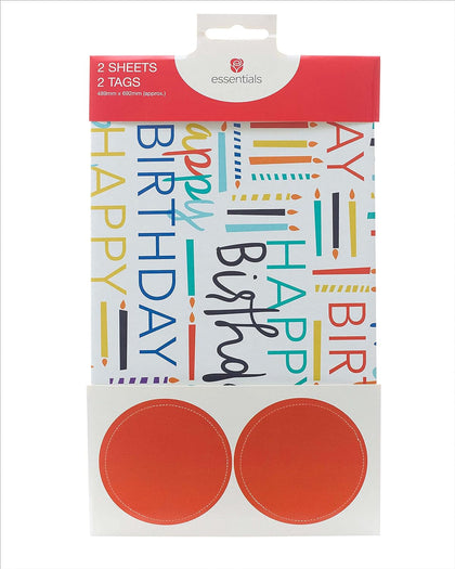 Happy Birthday Themed Wrapping Paper Pack Contains 2 Sheets & Tags