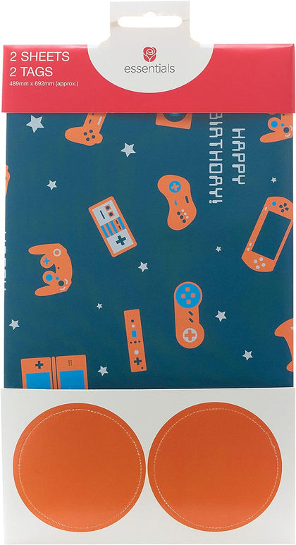 Happy Birthday Gamer Wrapping Paper Pack Contains 2 Sheets & Tags