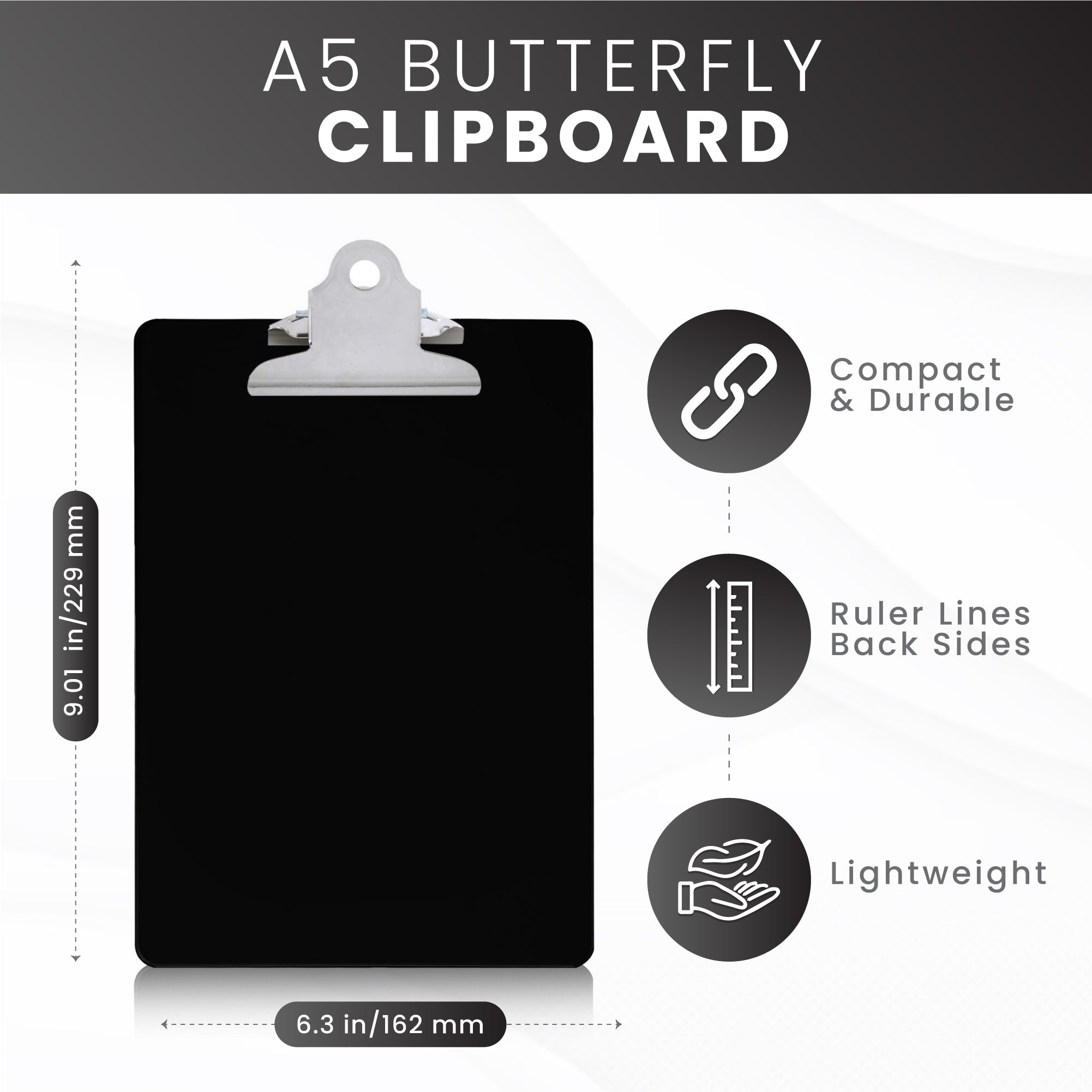 Black A5 Clipboard with Butterfly Clip with Ruled Side