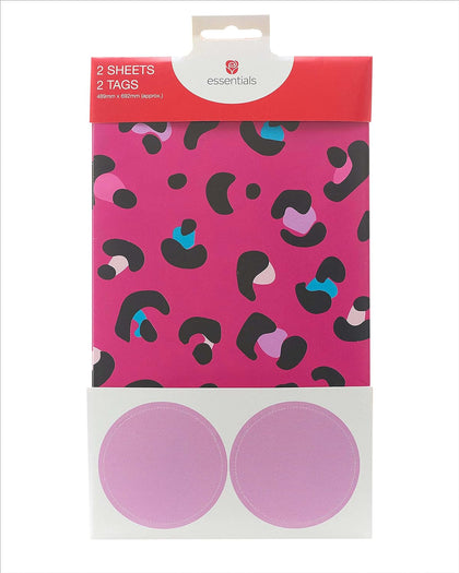 Pink Leopard Print Wrapping Paper Pack Contains 2 Sheets & Tags