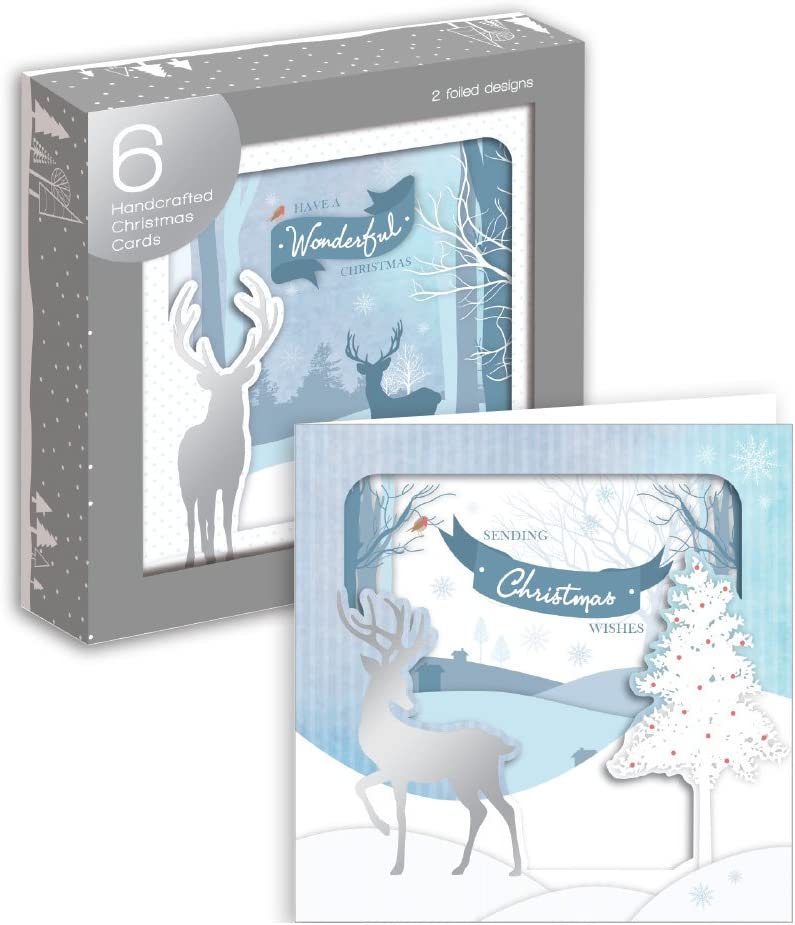 Pack of 6 Holly Christmas Stag Design Square Christmas Greeting Cards