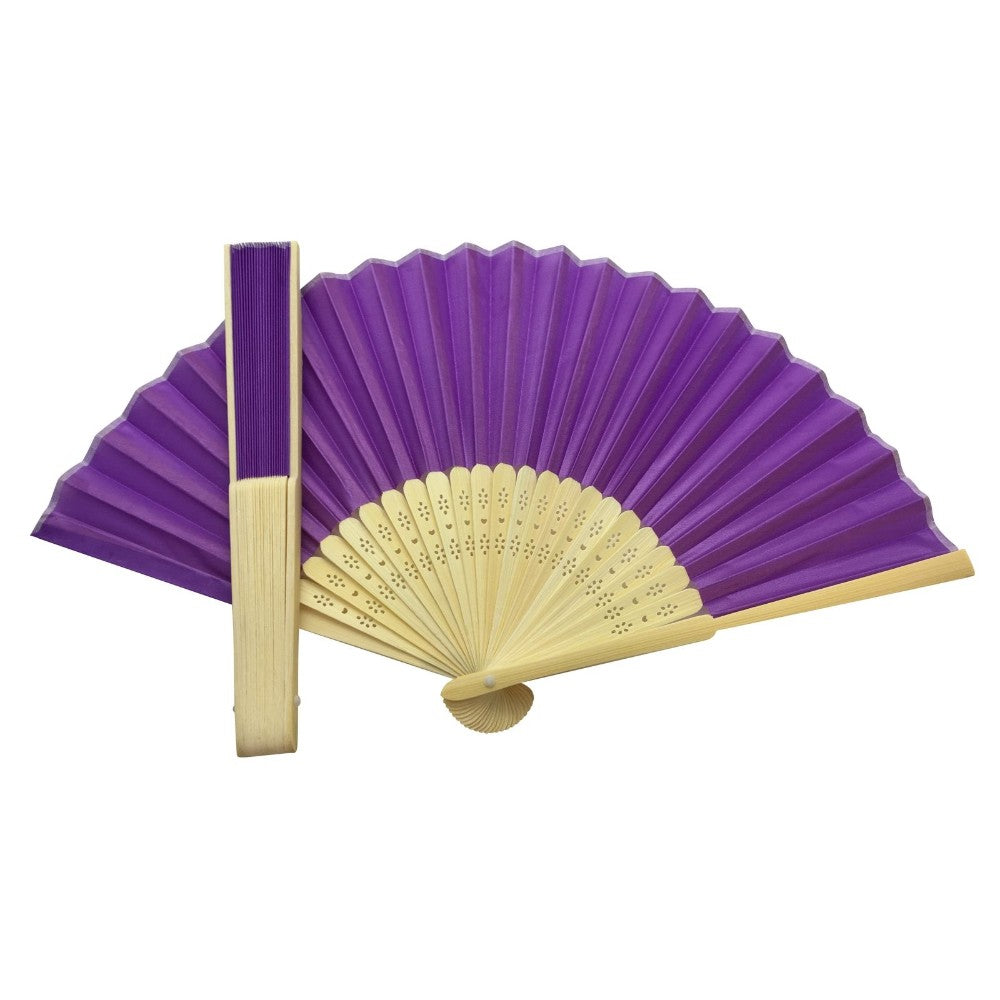 Violet Fabric Foldable Hand Held Bamboo Wooden Fan