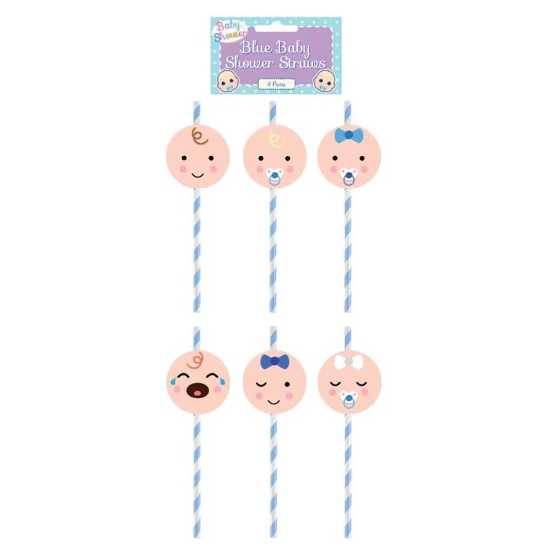 Pack of 6 Assorted Design Blue Baby Shower Paper Straws