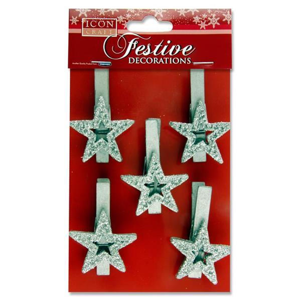 Pack of 5 Silver Star Design Christmas Peg by Icon Craft