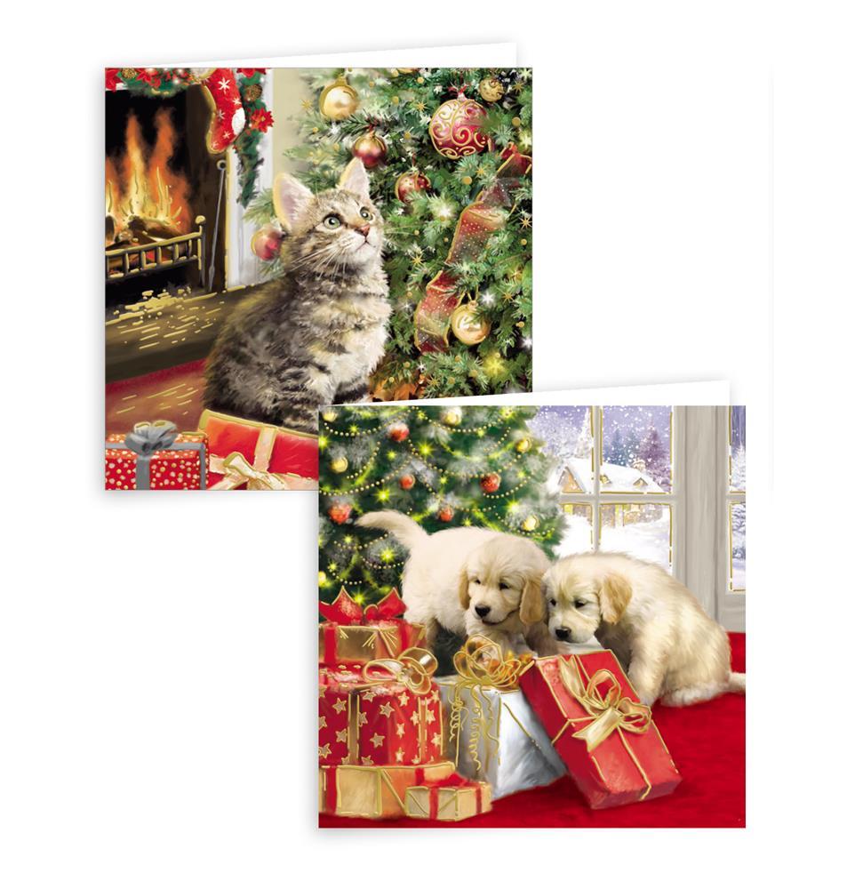 Pack of 10 Traditional Puppy and Kitten Design Square Christmas Greeting Cards